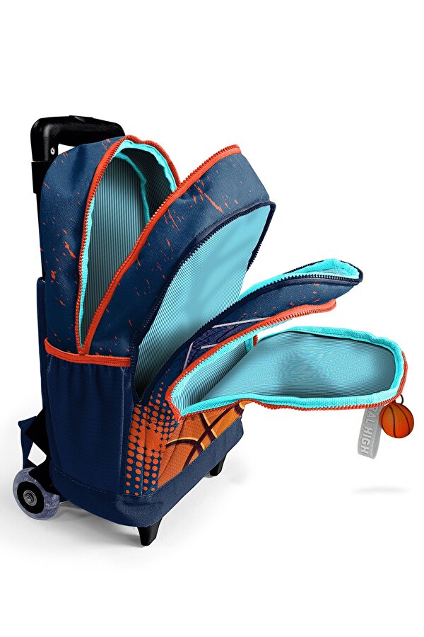 Kids Turuncu Lacivert Basketbol Desenli Üç Bölmeli Çekçekli Okul Sırt Çantası 23966