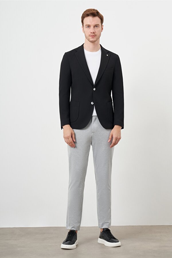 Erkek Siyah Dokuma Slim Fit Torba Cep Mono Yaka Spor Ceket