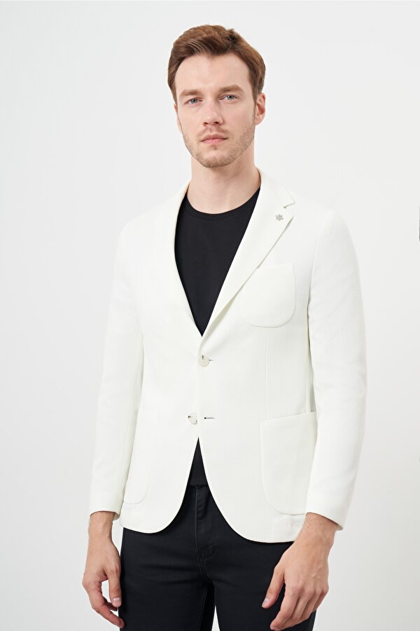 Erkek Beyaz Örme Slim Fit Torba Cep Mono Yaka Spor Ceket