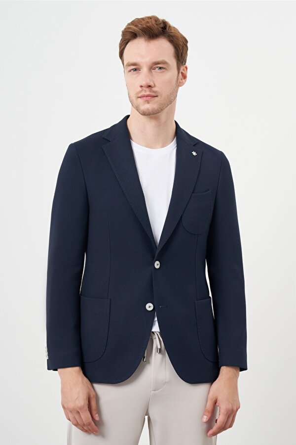 Erkek Lacivert Dokuma Slim Fit Torba Cep Mono Yaka Spor Ceket