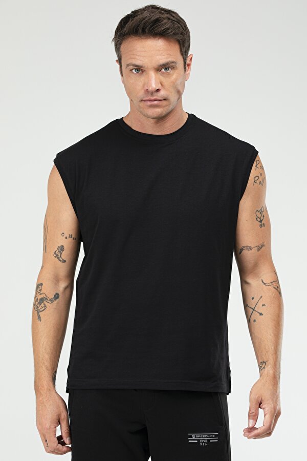 Siyah Oversize Pamuklu Bisiklet Yaka Erkek Spor Atlet XF1603