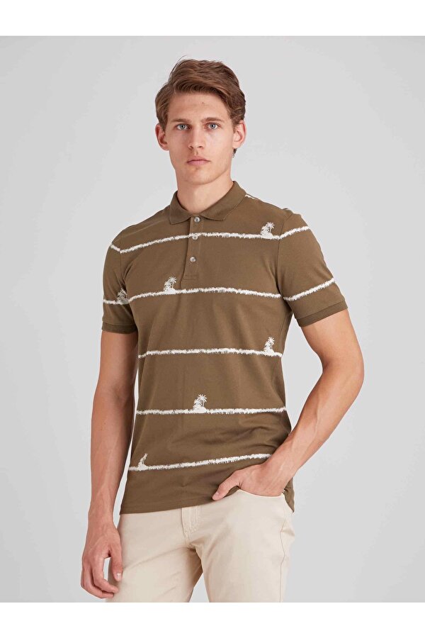 Haki Erkek Slim Fit Safari Desenli  Bisiklet Yaka Tshirt - 57634