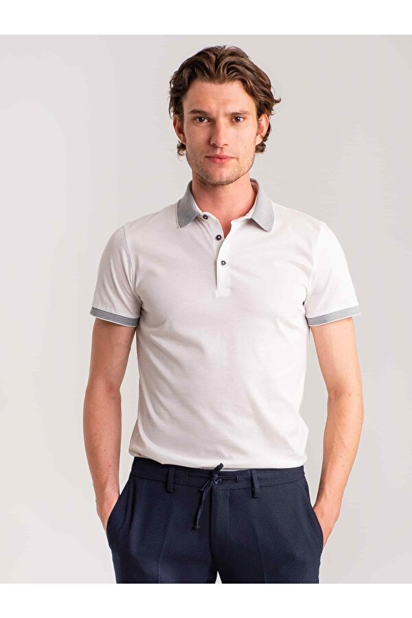 Beyaz Erkek Slim Fit Düz Casual Polo Yaka Tshirt - 54996