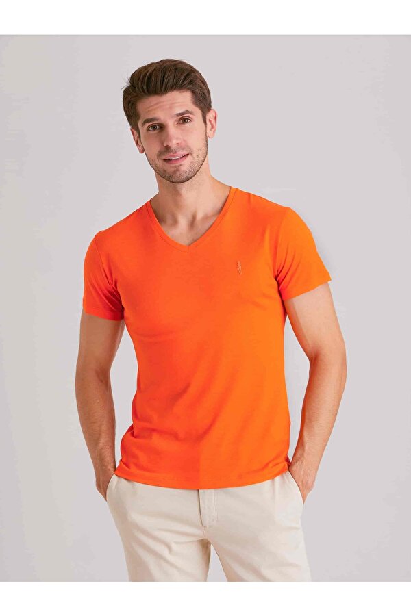 Turuncu Erkek Slim Fit Düz  V Yaka Tshirt - 49291