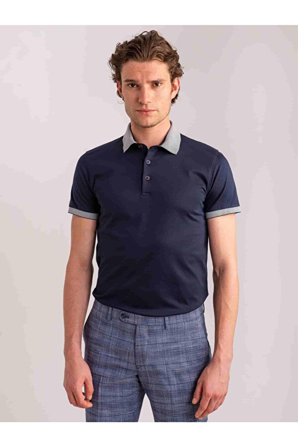 Lacivert Erkek Slim Fit Düz Casual Polo Yaka Tshirt - 55011