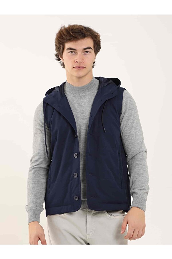 Lacivert Erkek Slim Fit Düz Casual Kapüşonlu Yelek Mont - 97125