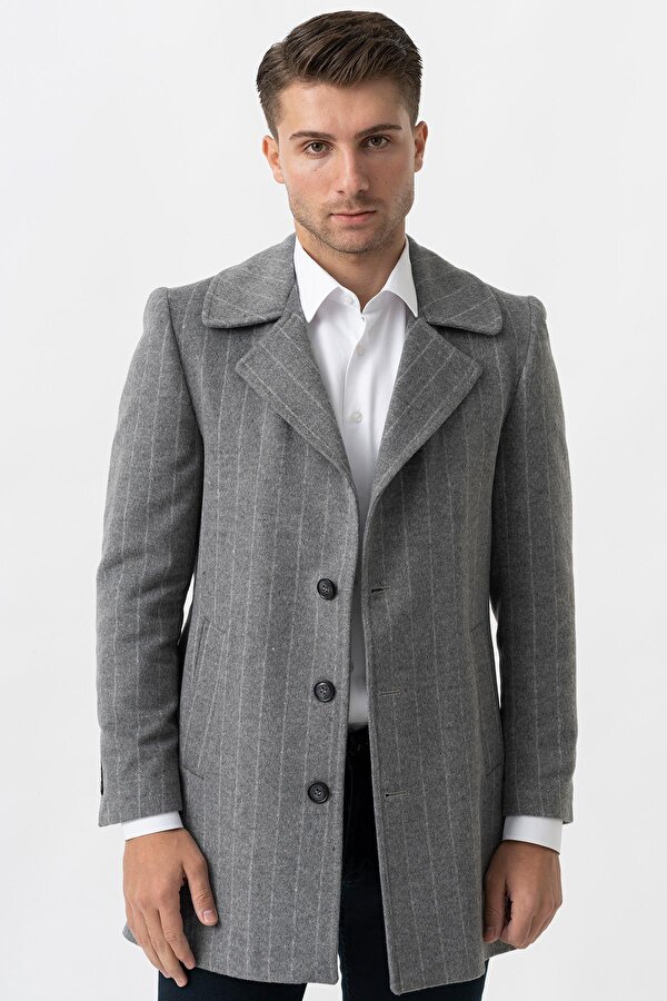 Bolzano 4019 Geniş Yaka Slim Fit Yünlü Kemerli  Kaban Çizgili Gri