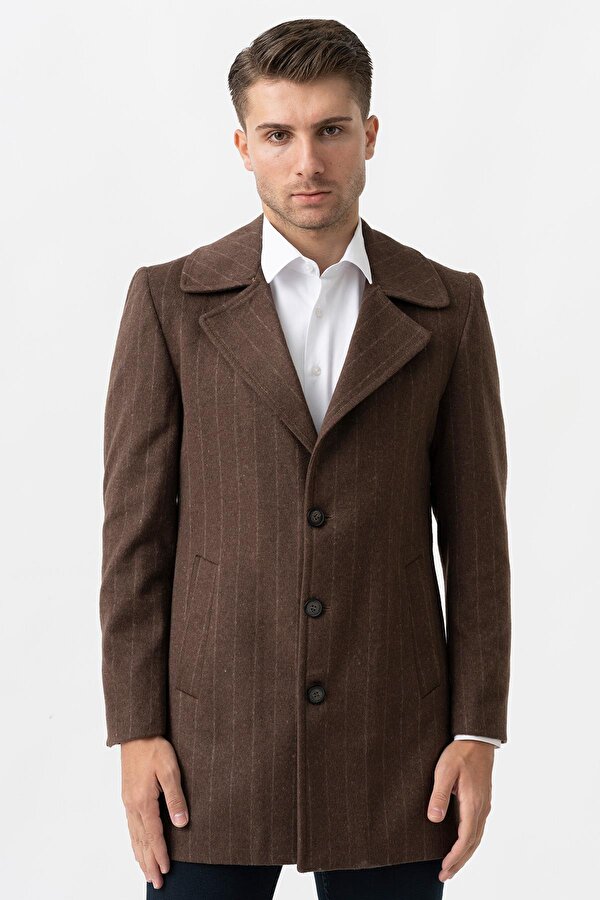 Bolzano 4019 Geniş Yaka Slim Fit Yünlü Kemerli  Kaban Çizgili Kahve