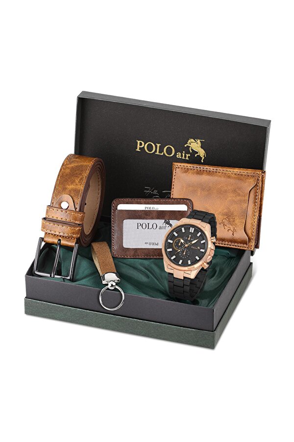 Cüzdan Kartlık Kemer Saat Anahtarlık Set Taba Renk