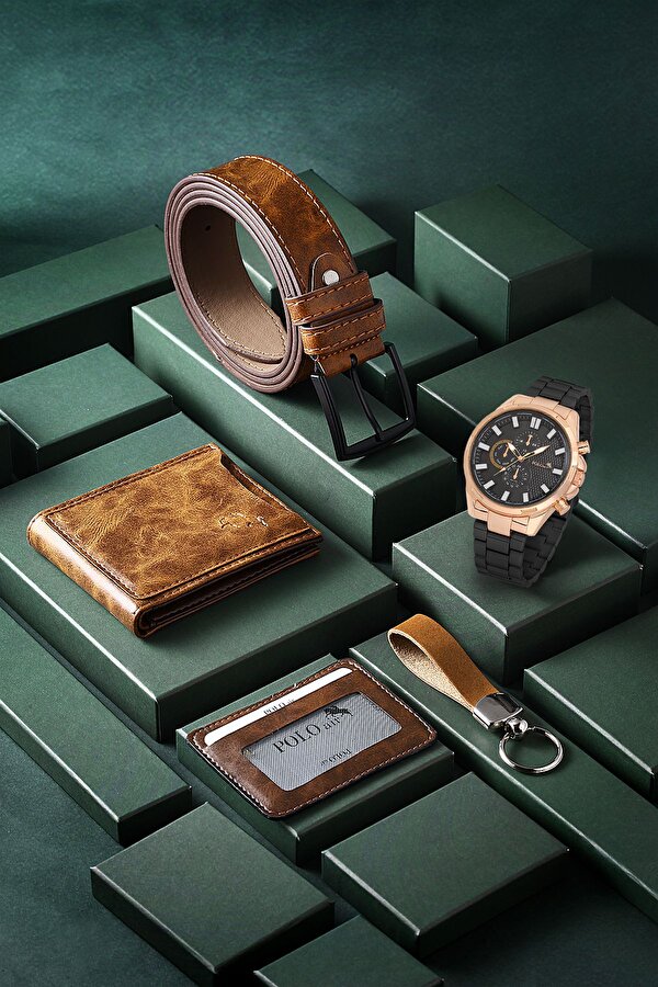 Cüzdan Kartlık Kemer Saat Anahtarlık Set Taba Renk