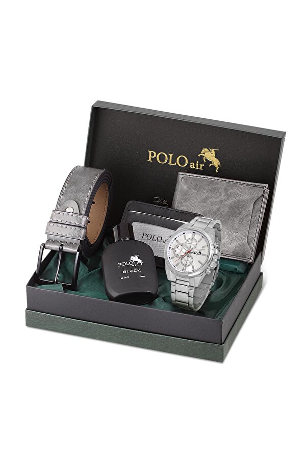 Cüzdan Kartlık Kemer Parfüm Saat Seti Gri Renk PL-0780E4