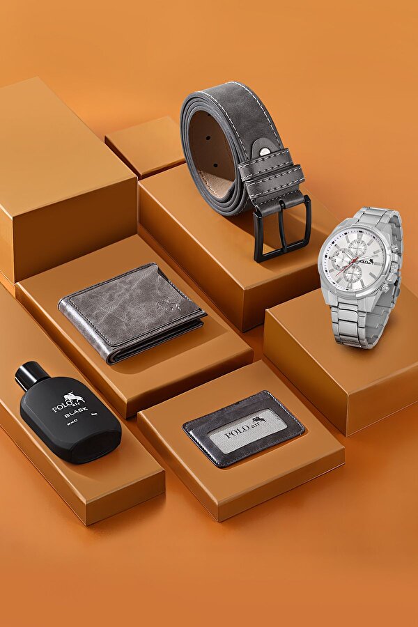 Cüzdan Kartlık Kemer Parfüm Saat Seti Gri Renk PL-0780E4