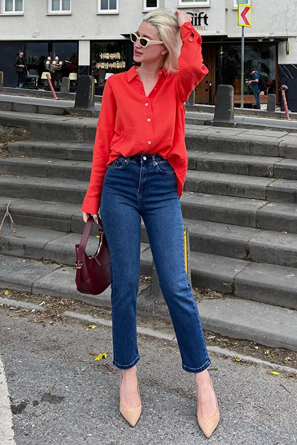 Koyu Mavi Slim Fit Kadın Mom Jean MG1738