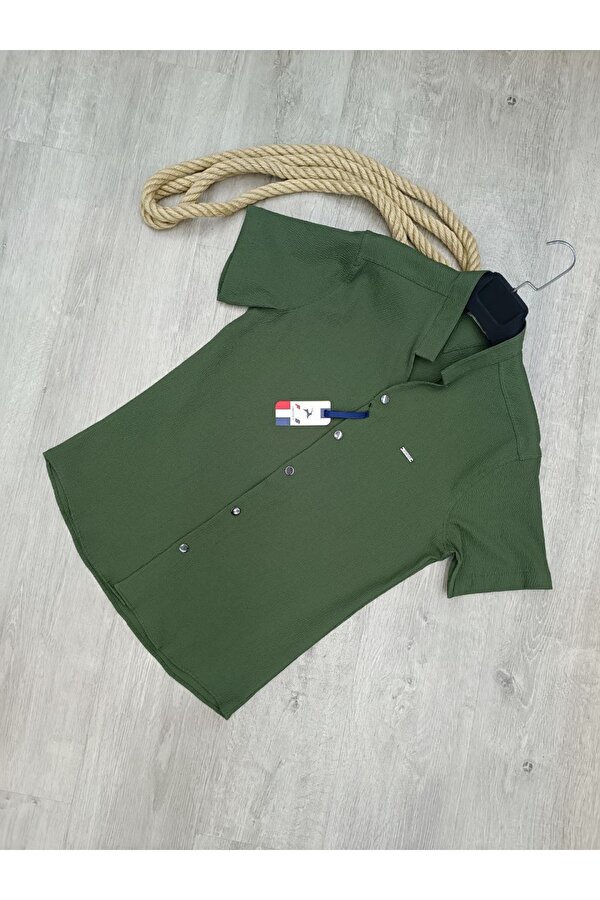 DeepSEA Erkek Haki Gofre Kumaş Hakim Yaka Slim Fit Likralı Çıtçıtlı Kısa Kollu Gömlek 2403018