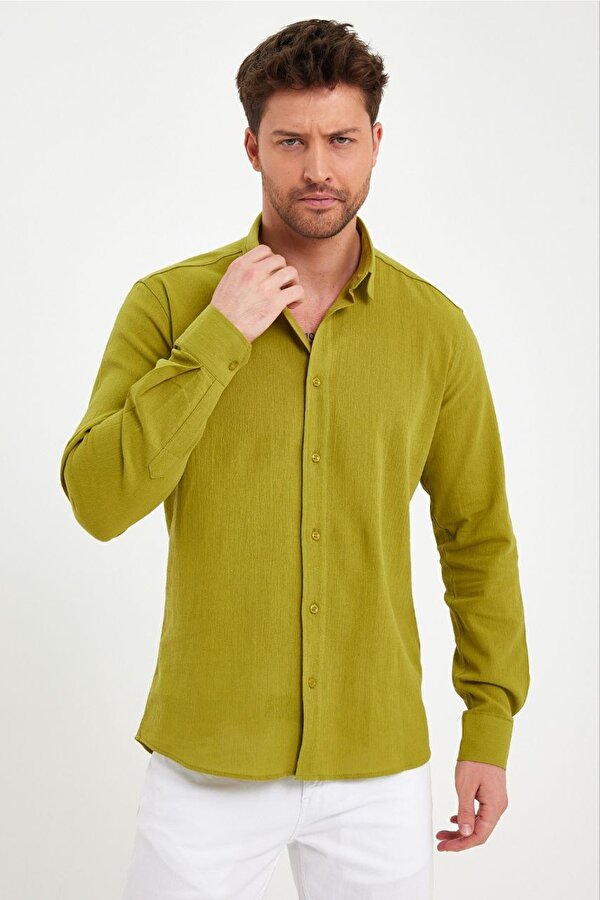 DeepSEA Erkek Yeşil Kırışık Kumaş Slim Fit Likralı Uzun Kollu Gömlek 2403015