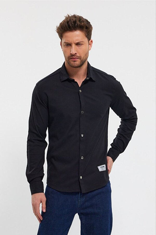 DeepSEA Erkek Siyah Slim Fit Likralı Uzun Kollu Çıt çıtlı Düz Gömlek 2403013
