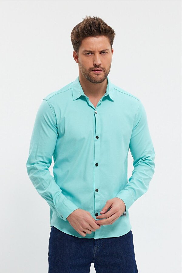 DeepSEA Erkek Turkuaz Slim Fit Likralı Uzun Kollu Çıt çıtlı Düz Gömlek 2403013