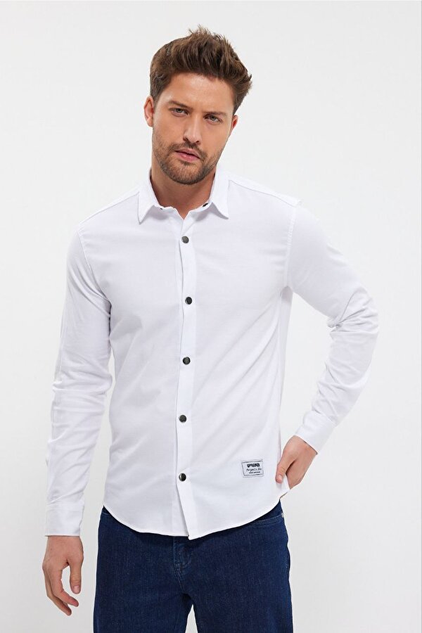 DeepSEA Erkek Beyaz Slim Fit Likralı Uzun Kollu Çıt çıtlı Düz Gömlek 2403013