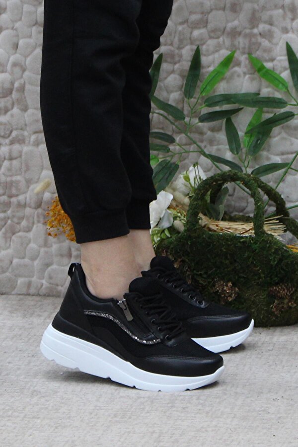 Flet 207 Siyah Beyaz Fermuarlı Bağçıklı Dolgu Taban Kadın Spor Ayakkabı