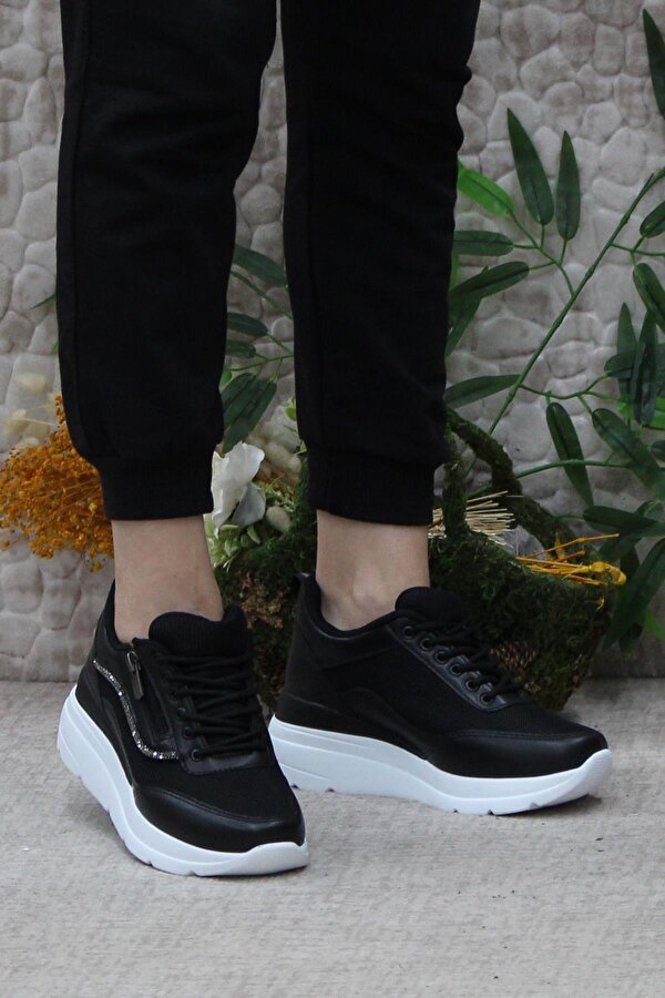 Flet 207 Siyah Beyaz Fermuarlı Bağçıklı Dolgu Taban Kadın Spor Ayakkabı