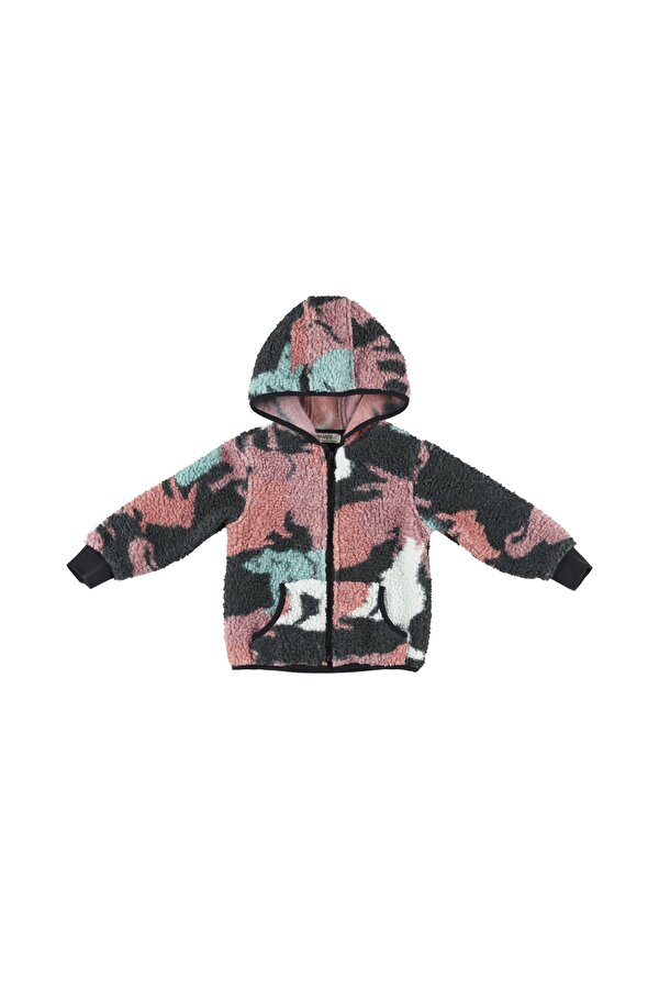 Unisex Çocuk Desenli Pelüş Mont Siyah