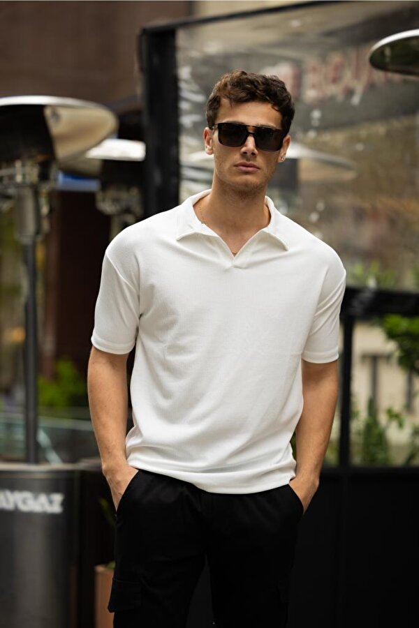 GLASSES V Yaka Oversize Fitilli T-Shirt - Beyaz