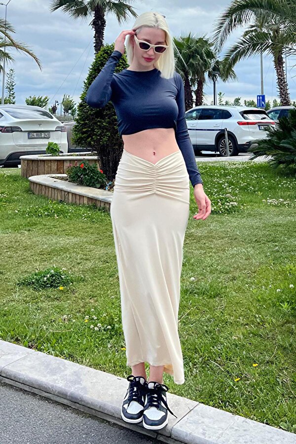 Bej Önden Büzgülü Midi Etek MG2084