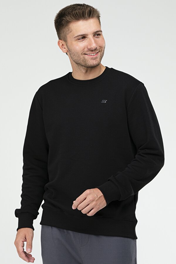 Siyah Regular Pamuklu Bisiklet Yaka Basic Erkek Sweatshirt XC2366