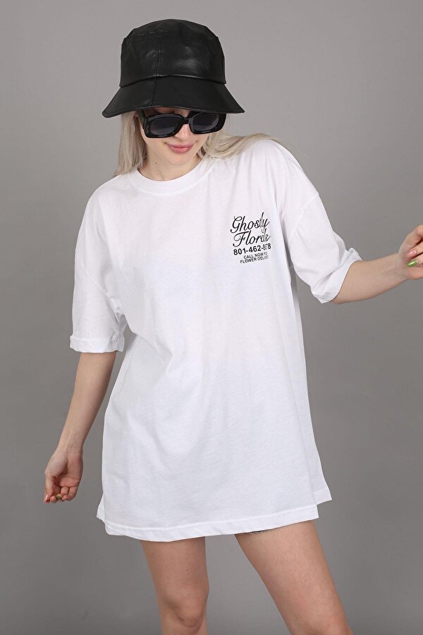 Beyaz Baskılı Oversize Tişört MG1513