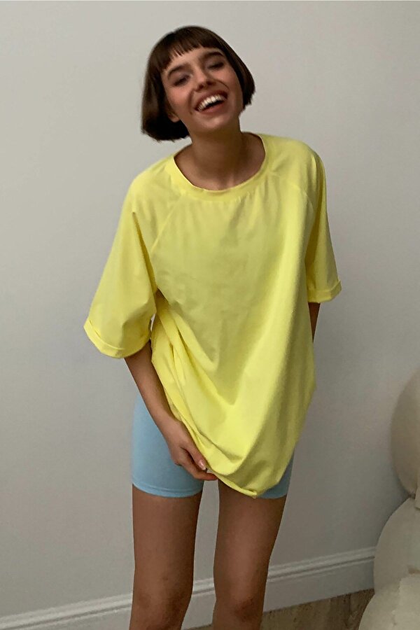 Sarı Oversize Basic Kadın Tişört