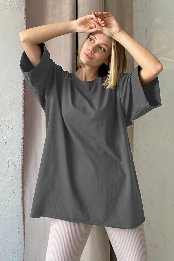Antrasit Oversize Basic Kadın Tişört