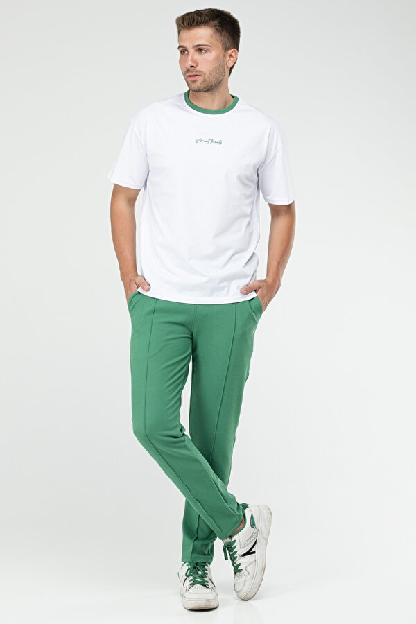Beyaz - Benetton Yeşili Oversize Bisiklet Yaka Basic Erkek Takım XB0093