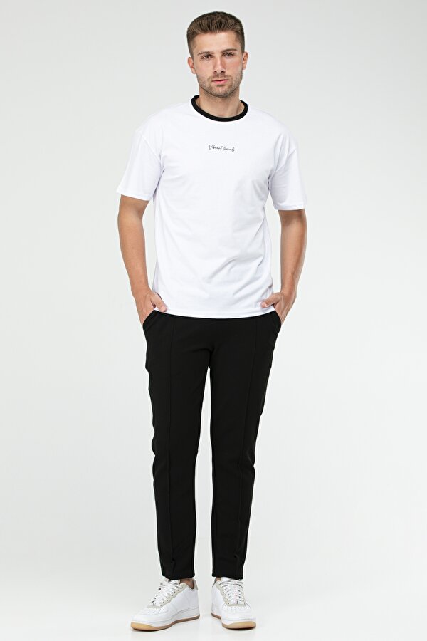 Siyah - Beyaz Oversize Bisiklet Yaka Basic Erkek Takım XB0093