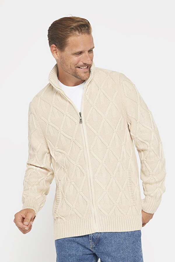 Slim Fit Desenli Dik Yaka  Fermuarlı Erkek Bej Hırka