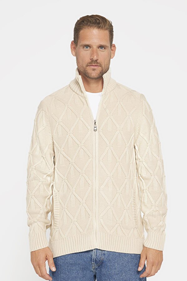 Slim Fit Desenli Dik Yaka  Fermuarlı Erkek Bej Hırka