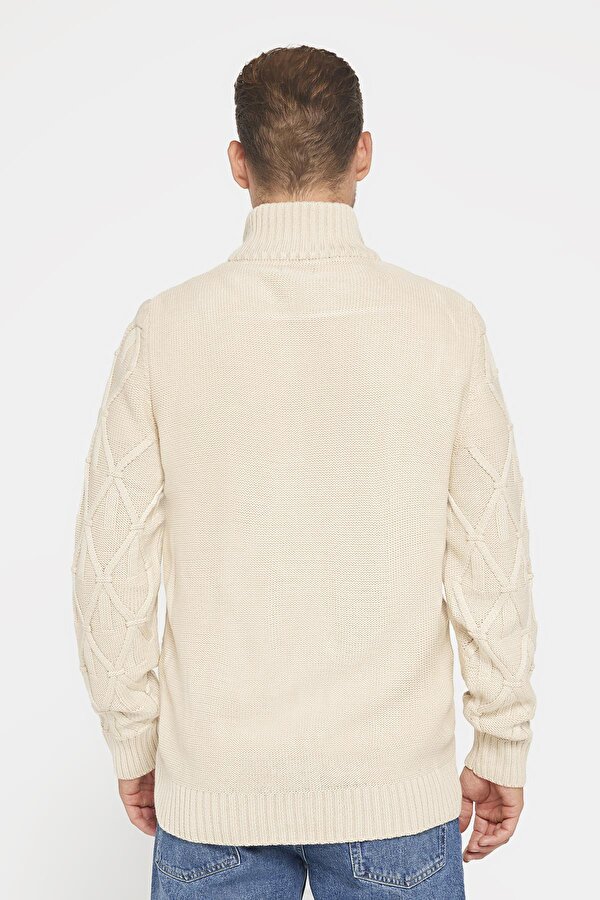 Slim Fit Desenli Dik Yaka  Fermuarlı Erkek Bej Hırka