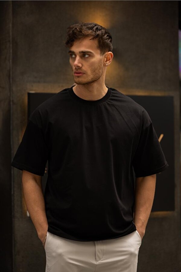 GRAVEL Oversize Bisiklet Yaka Pamuklu T-shirt - Siyah
