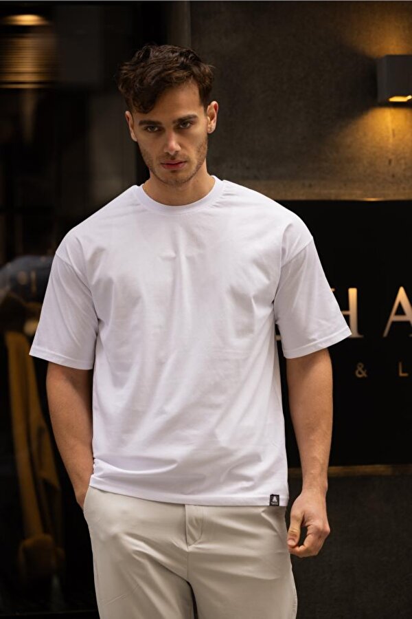 GRAVEL Oversize Bisiklet Yaka Pamuklu T-shirt - Beyaz