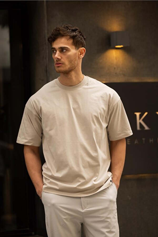 GRAVEL Oversize Bisiklet Yaka Pamuklu T-shirt - Bej