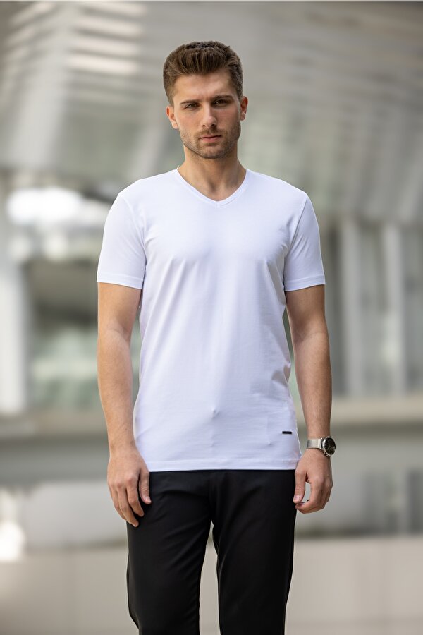 GABAGE Slim Fit V Yaka Pamuklu Tişört - Beyaz