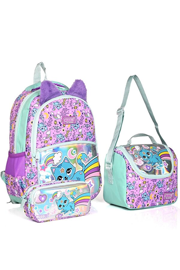 Mu-7372 Sweet Cat Okul Sırt Çantası 3 lü Set Mor