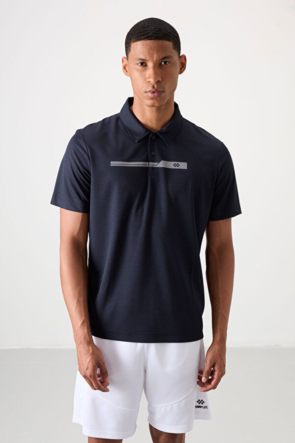 Lacivert Polyester Nefes Alan Dokulu İnce Esnek Standart Fit Polo Yaka Erkek Performans T-Shirt - 88