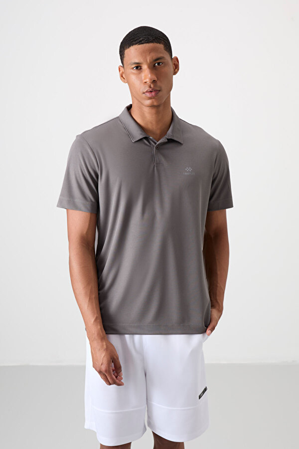 Koyu Gri Logo Baskılı Standart Kalıp Polo Yaka Aktif Spor Erkek T-Shirt - 88252