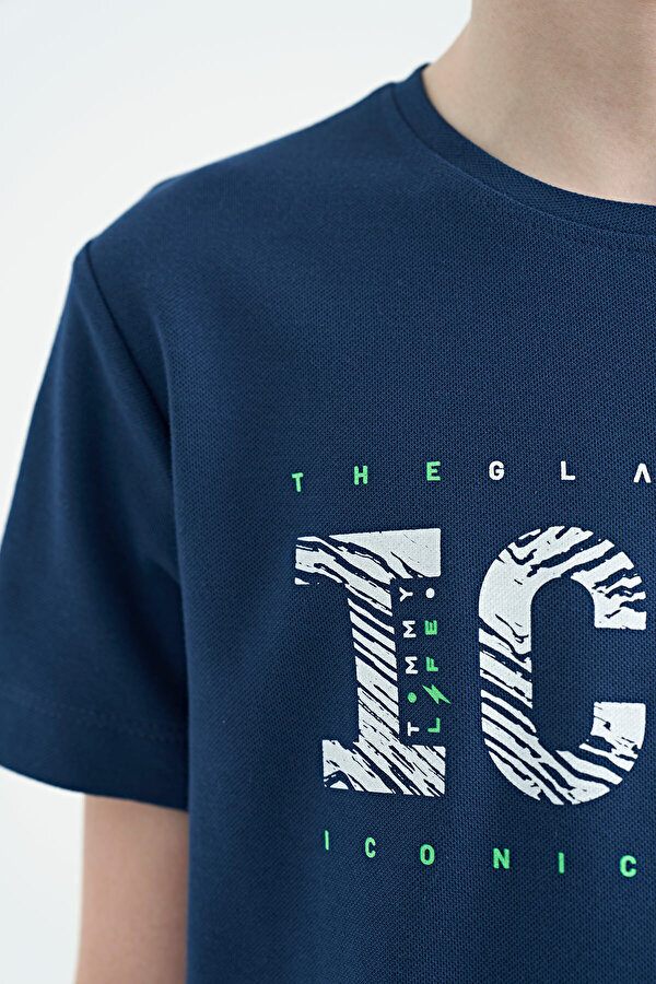 İndigo Ön Yazı Nakışlı O Yaka Standart Kalıp Erkek  Çocuk T-Shirt - 11118
