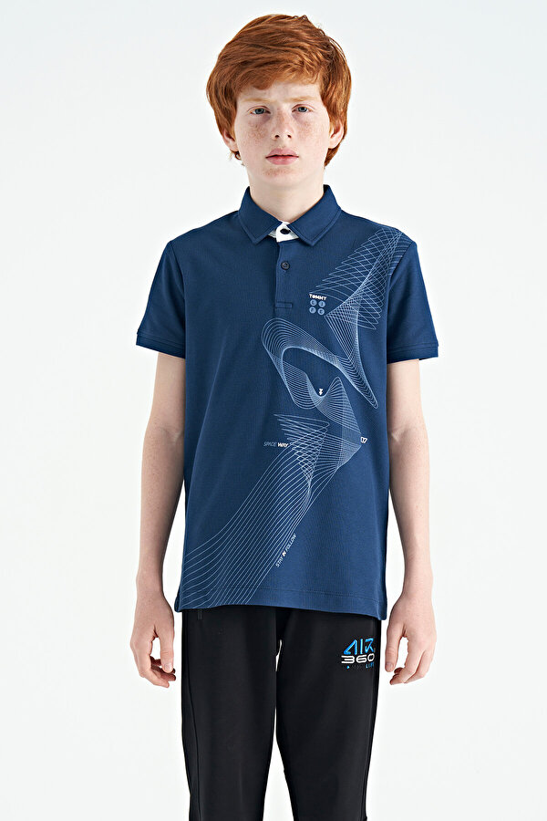 İndigo Baskı Detaylı Standart Kalıp Polo Yaka Erkek Çocuk T-Shirt - 11164