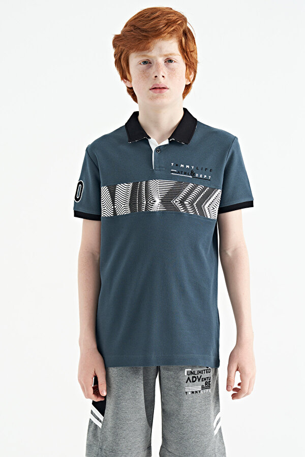 Orman Yeşili Şerit Baskı Detaylı Pola Yaka Standart Kalıp Erkek Çocuk T-Shirt - 11162