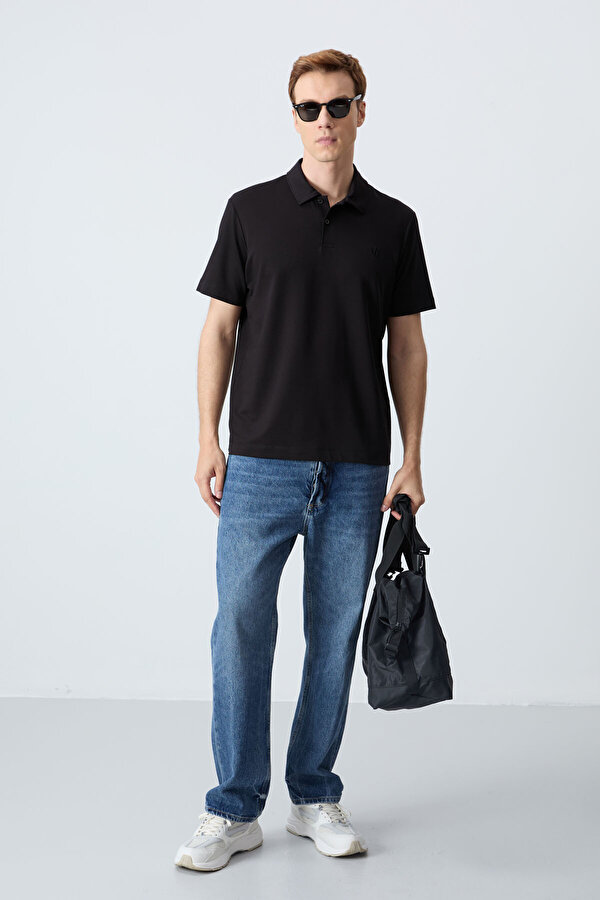 Siyah Basic Göğüs Logolu Standart Kalıp Triko Polo Yaka Erkek T-Shirt - 87768