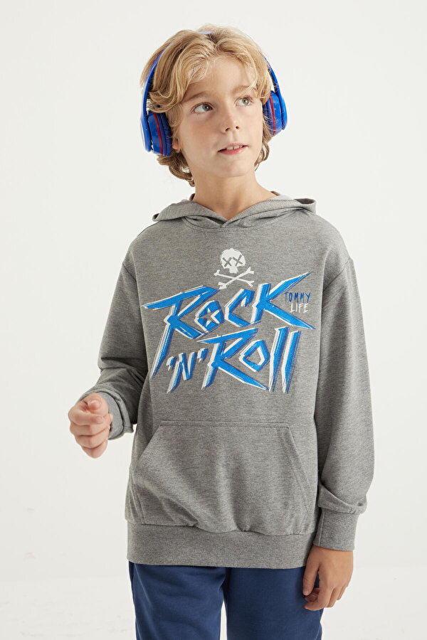 Gri Melanj Yazı Baskılı Kanguru Cepli Kapüşonlu Standart Kalıp Erkek Çocuk Sweatshirt - 11002