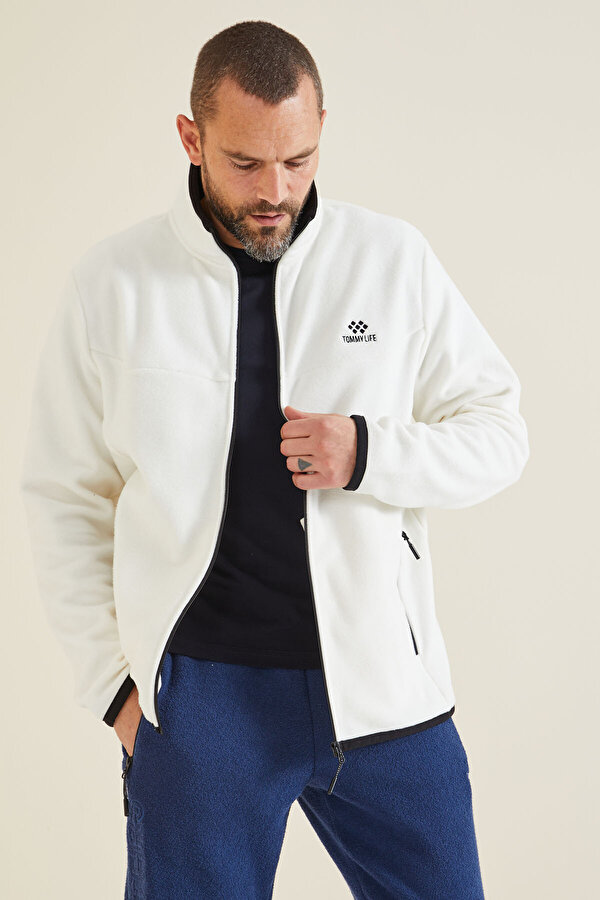 Ekru Yazı Nakışlı Dik Yaka Fermuarlı Standart Kalıp Erkek Sweatshirt Polar - 87992