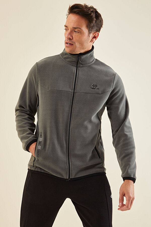 Çağla Yazı Nakışlı Dik Yaka Fermuarlı Standart Kalıp Erkek Sweatshirt Polar - 87992